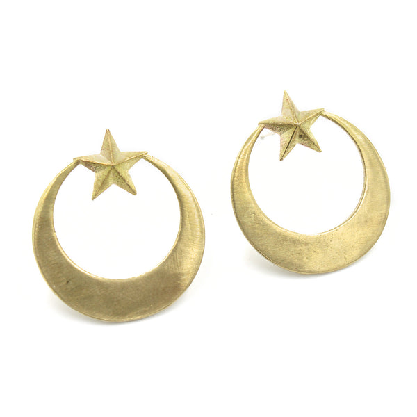 Crescent Star Hoop Studs - Brass